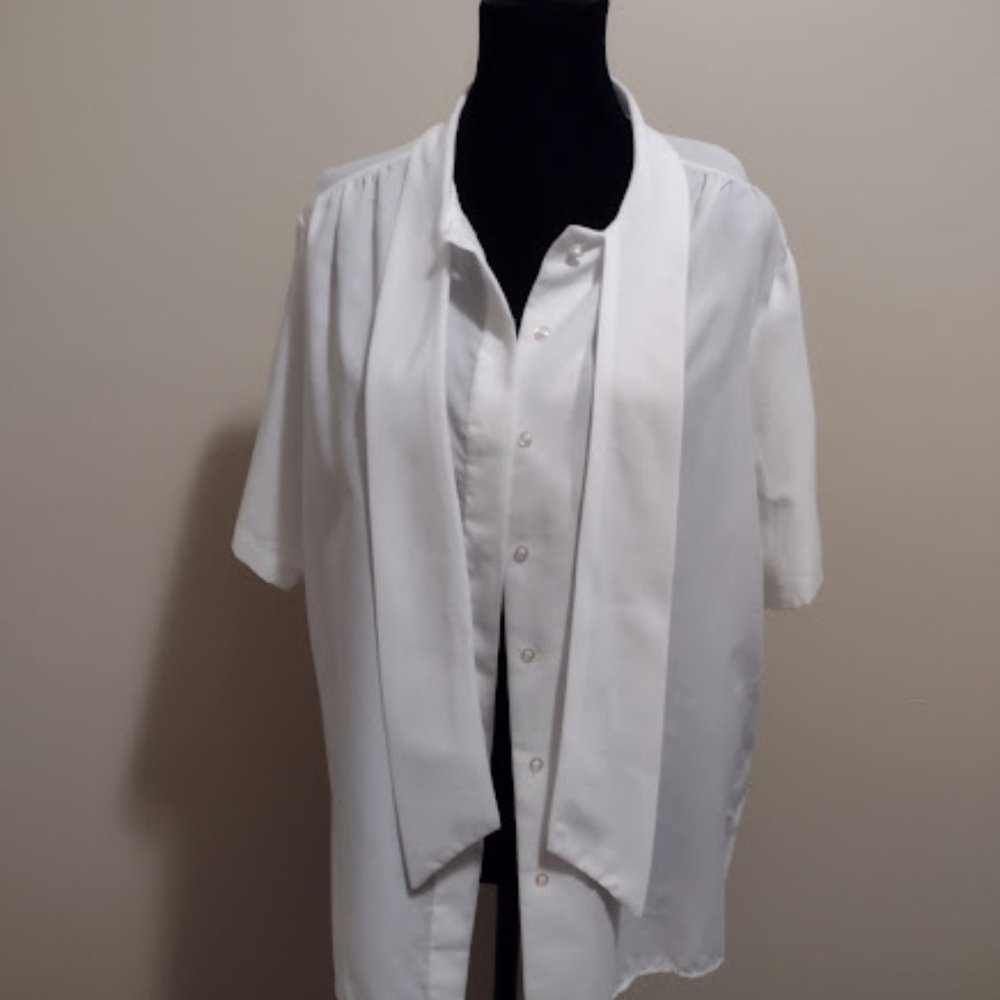 Classic Fashions, White 7-Front Buttons w/Tie, Short Sleeves, Size-20